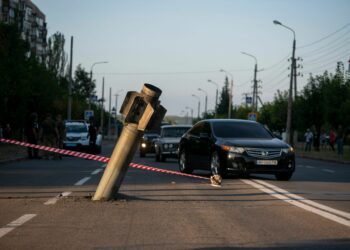 A Smerch projectile missile lodged in the middle of the road over the weekend after a Russian shelling in Kramatorsk, Donetsk region. Viktor Fridshon / Global Images Ukraine / Getty Images