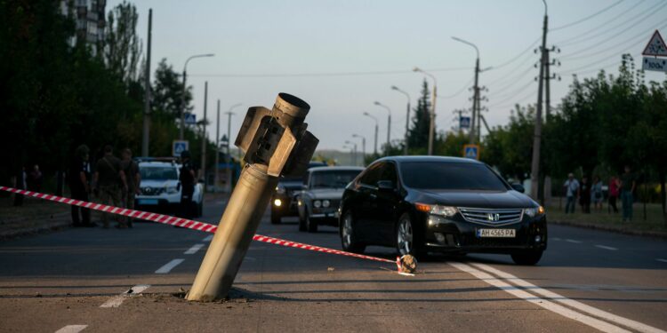 A Smerch projectile missile lodged in the middle of the road over the weekend after a Russian shelling in Kramatorsk, Donetsk region. Viktor Fridshon / Global Images Ukraine / Getty Images
