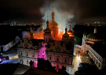 Firefighters work at a site of the Dormition Cathedral of the Kyiv Pechersk Lavra monastery, which burns after it was hit during Russian missile and drone strikes, in Kyiv, June 15, 2026. Ukrainian Culture Ministry/Handout/Reuters